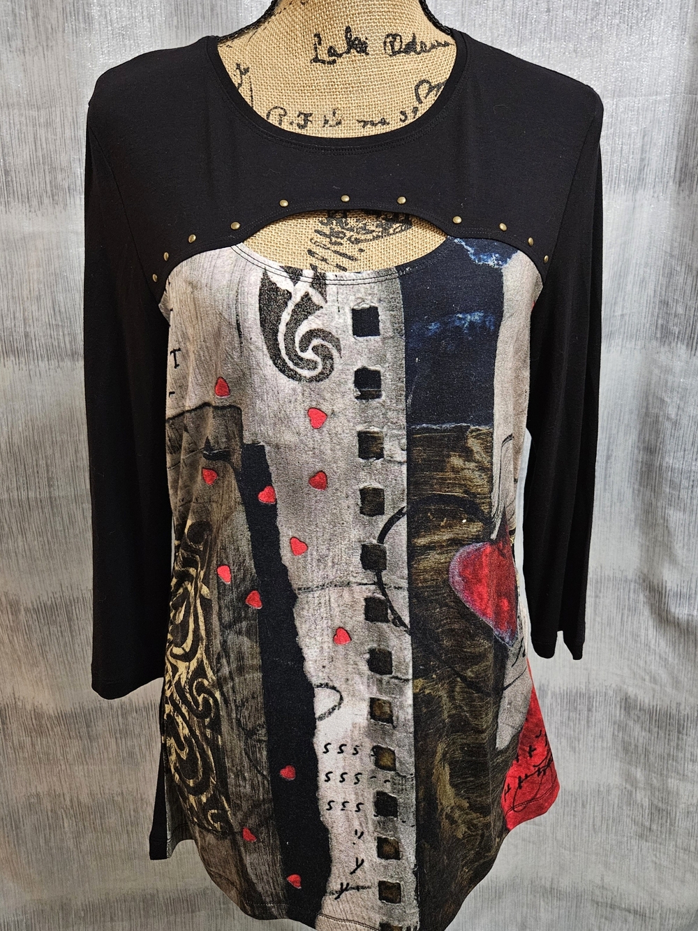 Dolcezza- Black Mixed-Print Long Sleeve Tunic with Red Heart Accents